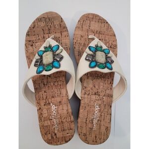 West Loop M 7/8 Wedge Sandals Womens White Cork Turquoise Gemstone Embellished